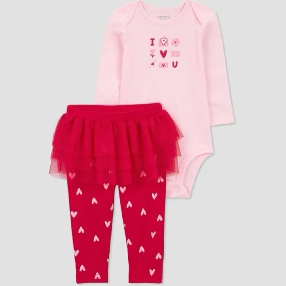 Carter's nwt Baby 2pc Valentine's Day I Love You Hearts Tutu Top & Bottom Set